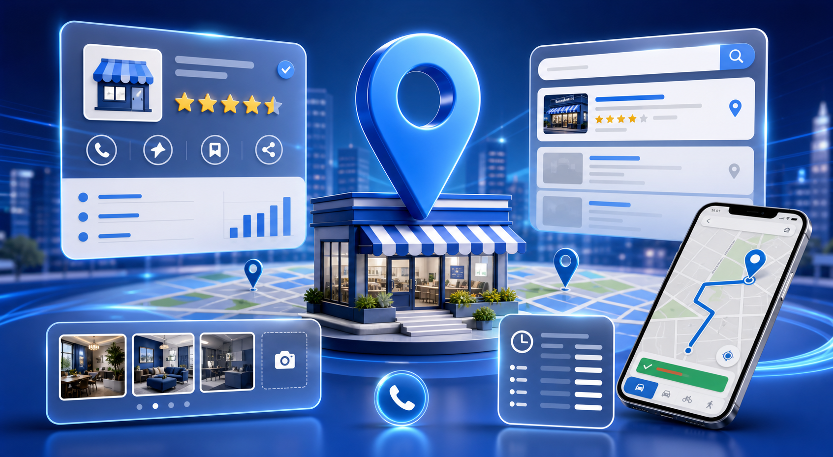 Local listing and Google Business Profile setup visual with map pin, reviews, photos, and mobile directions
