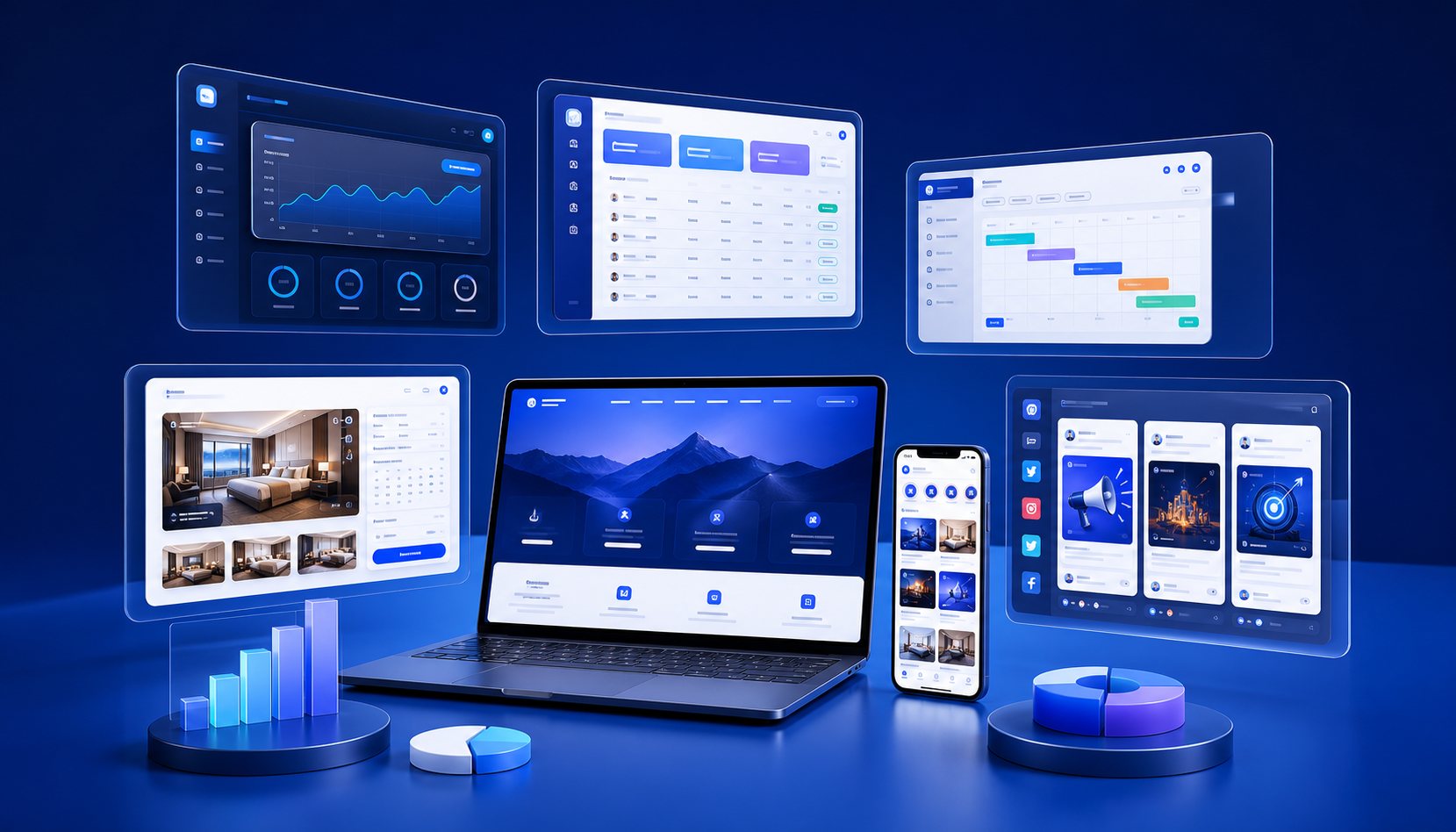 WebCentrick service visual showing software dashboards, hotel website screens, mobile views, and campaign panels